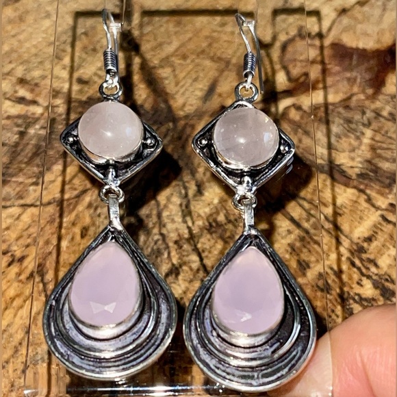 Rose Quartz “Stone of Pure Love” & Pink Chalcedony Earrings 2 7/8” - Picture 3 of 10